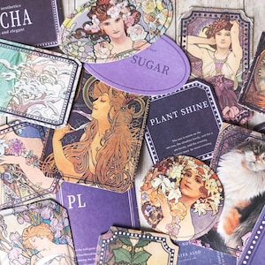 Set of 40 vintage Mucha purple label stickers, mix stickers, newspaper art, Mucha purple label stickers image 1