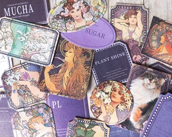 Lot 40 stickers étiquettes vintage Mucha mauve, mix stickers, art journal,  - Stickers étiquettes Mucha mauve