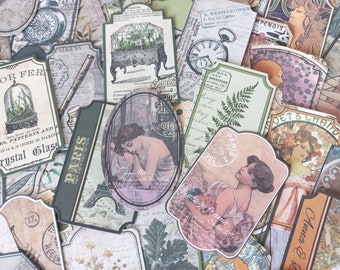 Lot 60 stickers étiquettes vintage, mix stickers, art journal,  - Plantes vertes - Mucha
