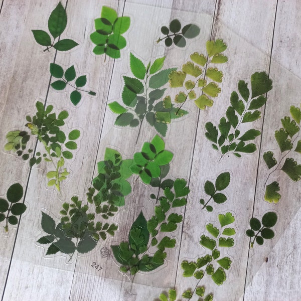 Lot stickers transparent feuilles vertes, art journal - 2 planches stickers  branches et feuilles vertes