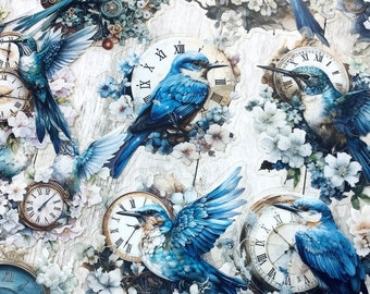 15 transparent bird stickers - Transparent PET stickers mix blue birds and clock