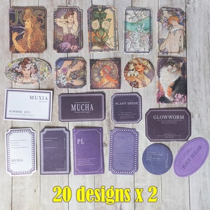 Set of 40 vintage Mucha purple label stickers, mix stickers, newspaper art, Mucha purple label stickers image 6