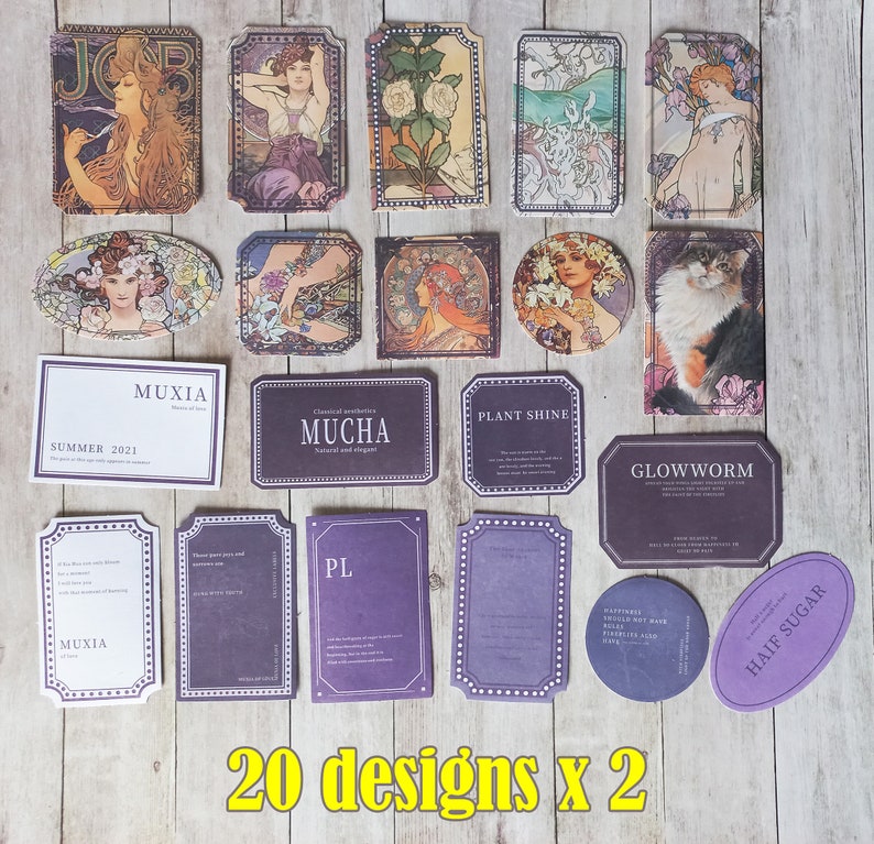 Set of 40 vintage Mucha purple label stickers, mix stickers, newspaper art, Mucha purple label stickers image 6