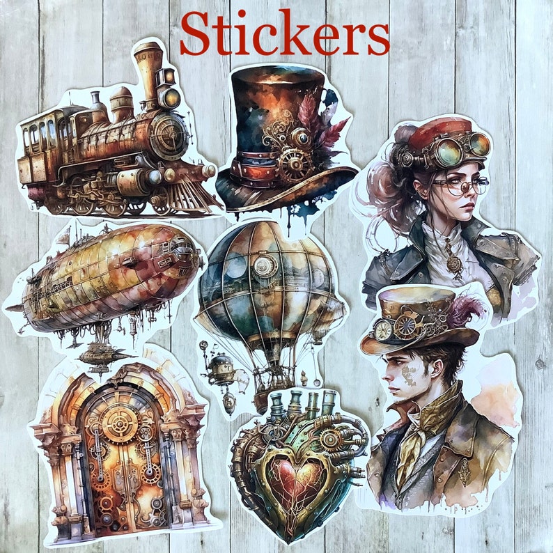 Mini pack 60 mix Ephemeras et Stickers pour art / journaling Thème steampunk image 3
