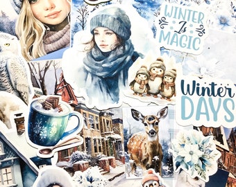 Mini pack 68 mix Ephemeras et Stickers pour art / journaling - Thème « hiver »