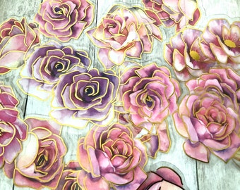 Set mit 30 rosa und gelben Blumenaufklebern aus PET und Folie