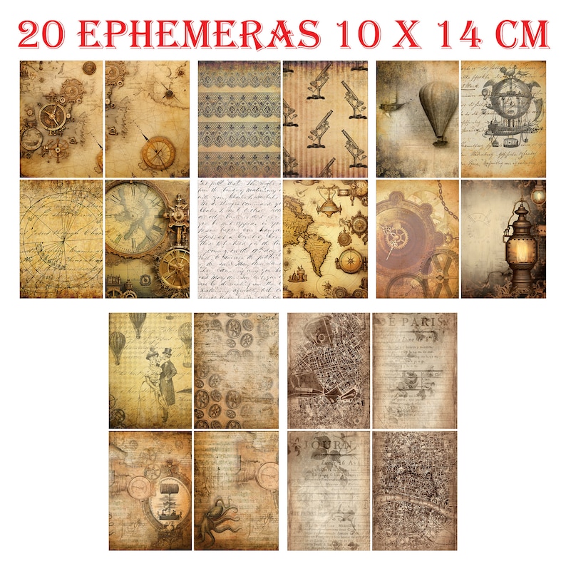 Mini pack 60 mix Ephemeras et Stickers pour art / journaling Thème steampunk image 2