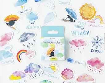 Lot 46 stickers météo, soleil, pluie, nuages, stickers, art journal, scrapbooking - 46 stickers météo