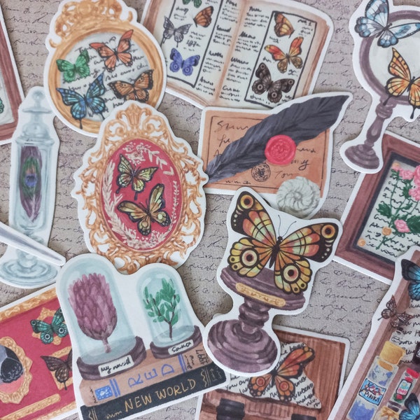 30 stickers washi objets anciens et papillons, stickers papillons, art journal