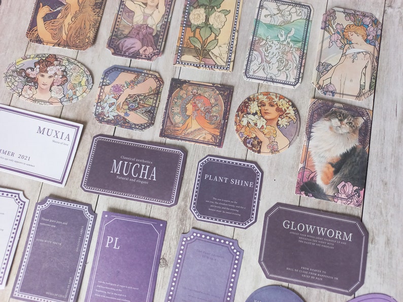 Set of 40 vintage Mucha purple label stickers, mix stickers, newspaper art, Mucha purple label stickers image 5
