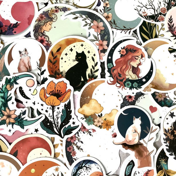 50 stickers imperméables mix Lunes, fleurs et Chats