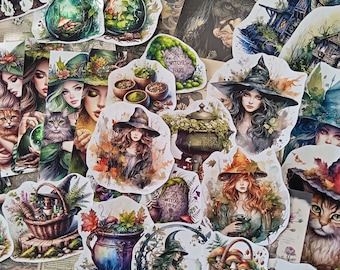 Mini pack 65 mix Ephemeras et Stickers pour art / journaling - Thème «Forest Witch »