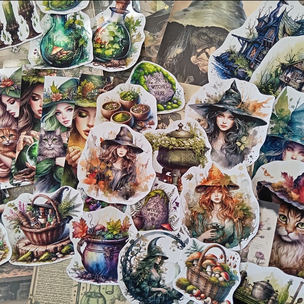 Mini pack 65 mix Ephemeras et Stickers pour art / journaling - Thème «Forest Witch »