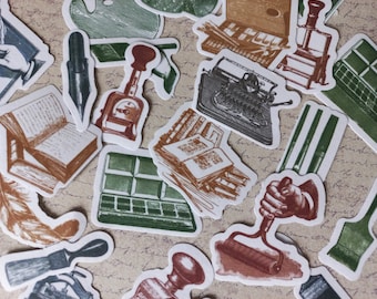 50 washi-stickers vintage stijl, junk journal, art journal, scrapbooking - Typemachine en drukkerijthema