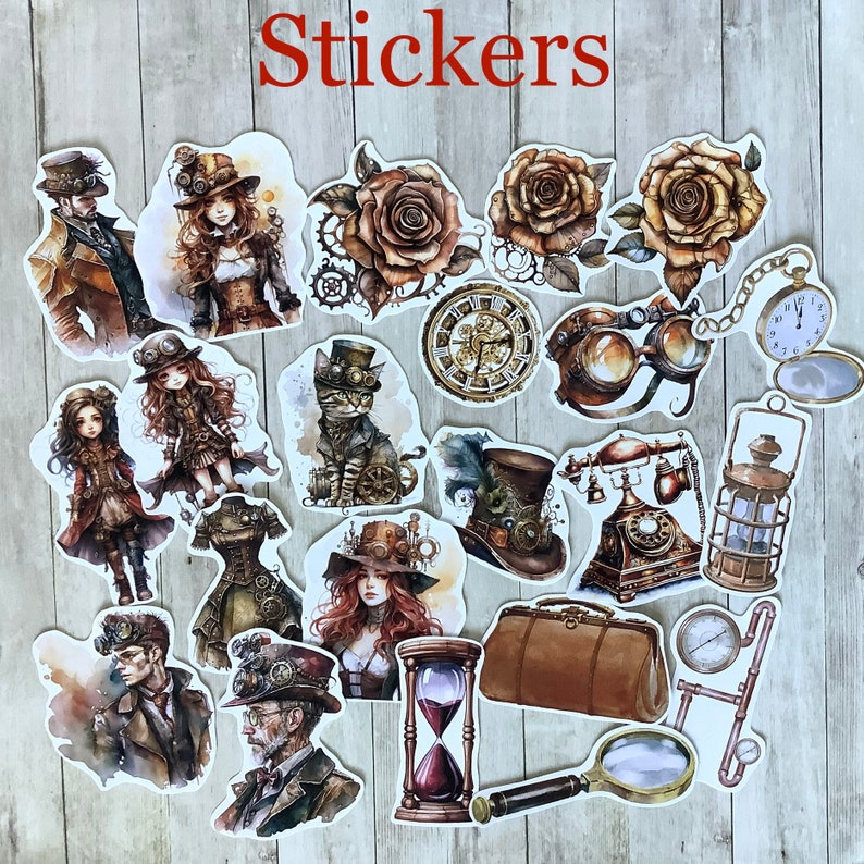 Mini pack 60 mix Ephemeras et Stickers pour art / journaling Thème steampunk image 5