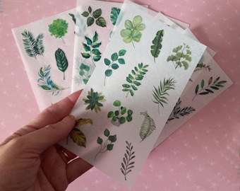 Lot 6 feuilles stickers plantes vertes, stickers, art journal, scrapbooking - 6 feuilles stickers plantes vertes