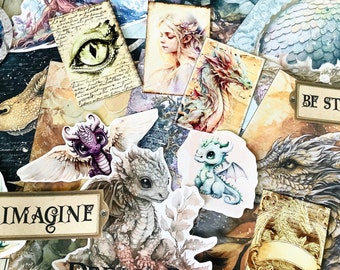 Mini pack 75 mix Ephemeras et Stickers pour art / journaling - Thème « dragons »