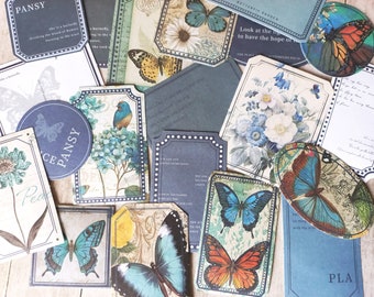 Lot 40 stickers étiquettes vintage papillons, mix stickers, art journal,  - Stickers étiquettes papillon bleu