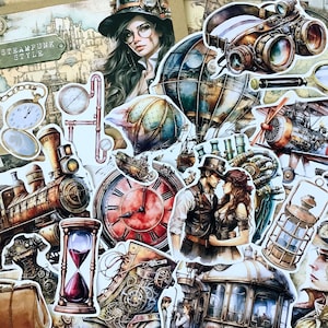 Mini pack 60 mix Ephemeras et Stickers pour art / journaling Thème steampunk image 1