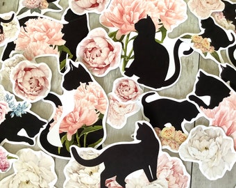 Lot Stickers chats noirs et fleurs