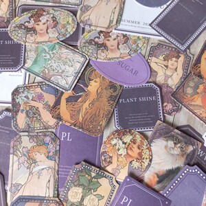 Set of 40 vintage Mucha purple label stickers, mix stickers, newspaper art, Mucha purple label stickers image 2