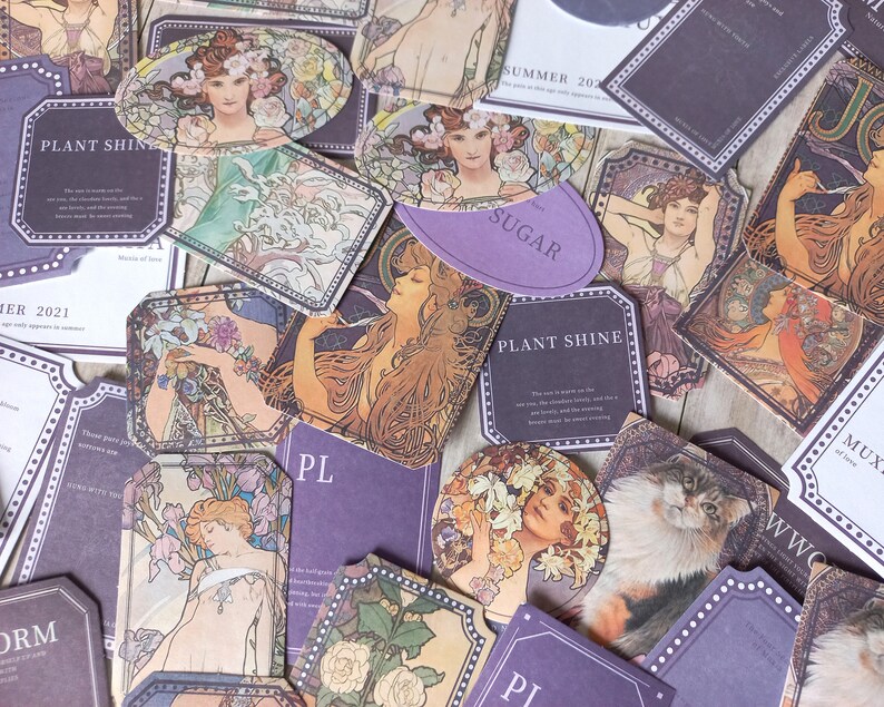 Set of 40 vintage Mucha purple label stickers, mix stickers, newspaper art, Mucha purple label stickers image 2