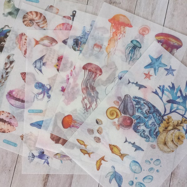 Lot 6 feuilles stickers océan, stickers, art journal, scrapbooking - 6 feuilles stickers fonds marins