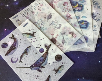 Lot 6 feuilles stickers magie et galaxie, stickers, art journal, scrapbooking - 6 feuilles stickers magie de l’univers
