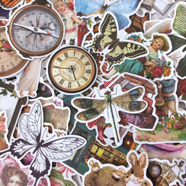 Lot 100 stickers Mix, mix stickers, art journal, scrapbooking - 100 stickers papillons horloge fleurs romantique