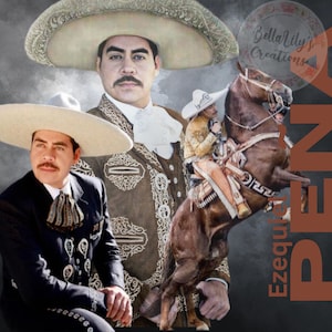 May include: Two men wearing traditional Mexican charro suits with embroidered details. One man is wearing a black suit and a white hat, while the other man is wearing a brown suit and a white hat. A brown horse is in the background.