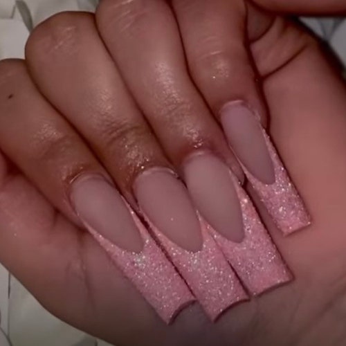 Pink Glitter French Tip Press On Nails Length Short Xxl Etsy