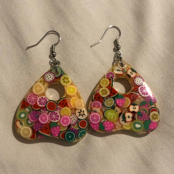 Fruity Planchette Earrings, Planchette Earrings, ouija earrings, Halloween Earrings, fruit earrings, resin earrings, weird earrings