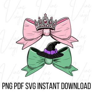 May include: A pink bow with a crown and a green bow with a witch's hat. Both bows are tied with a ribbon.