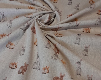 EASTER BUNNY RABBITS cute design on a linen-style fabric, gift present crafting lightweight upholstery curtains bags clothing crafting!