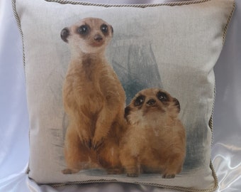 MEERKATS Cushion COVER ONLY, large print Meerkats, approx 40cm square, piped edging and zip opening with matching mini print on the back