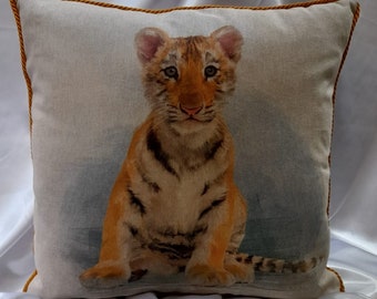 TIGER Cub Cushion COVER ONLY, large print Tiger Cubs, approx 40cm square, piped edging and zip opening with matching mini print on the back
