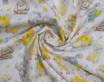 EASTER FRIENDS 100% Cotton, Bunny Rabbit, Chicks, Spring Lambs, Flowers, perfect cute fabric for crafting, Easter Projects, Patchwork etc