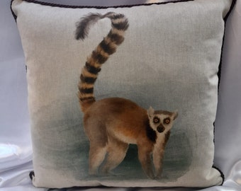 LEMUR Cushion COVER ONLY cute ring tailed large Lemur, approx 40cm square, piped edging and zip opening with matching mini print on the back