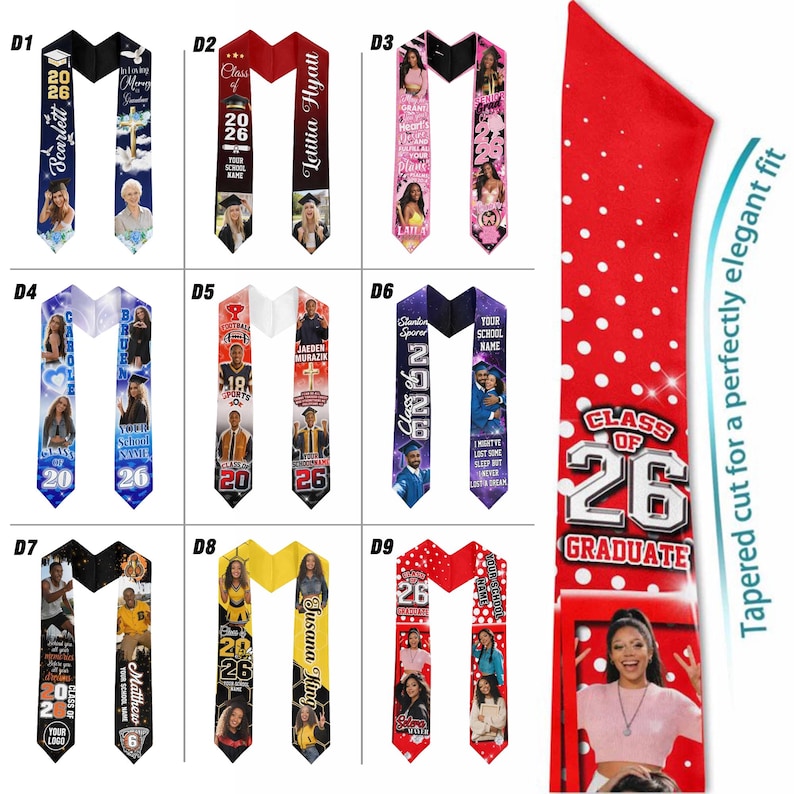 May include: Collection of graduation stoles in various colors, featuring photos, names, and the year '2026'. Designs include red, black, blue, and yellow stoles with personalized text and images. Some stoles have a tapered cut for an elegant fit.