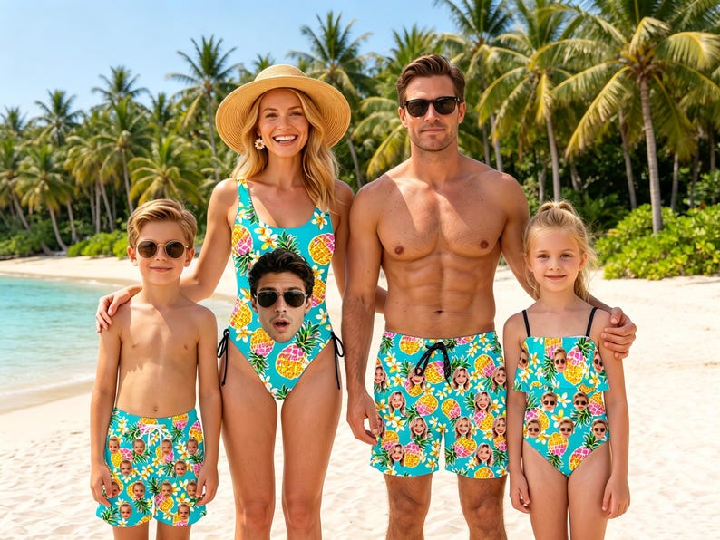 Peut inclure: Un ensemble de maillots de bain assortis sur fond turquoise vif avec un motif r&eacute;p&eacute;titif d'ananas jaunes, de fleurs blanches et de visages imprim&eacute;s personnalis&eacute;s. L'ensemble comprend un maillot une pi&egrave;ce, deux shorts de bain et un tankini.