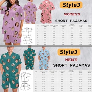 May include: Short pyjama sets featuring custom photo prints of faces and pets. The top is a button-down shirt with a collar and short sleeves, paired with matching shorts. Includes size charts with measurements in inches for S through 5XL sizes.