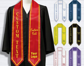 May include: A set of graduation sashes in various colors, including red, yellow, blue, white, black, and purple. Each sash has gold trim and features the text "CUSTOM TEXT" and "Your Logo".