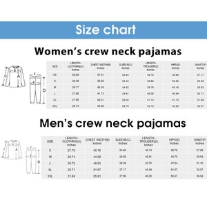 Op de afbeelding: Maattabel voor dames- en herenpyjama's met ronde hals. De tabel toont de lengte, borstbreedte, mouwlengte, broeklengte, heup- en taillematen in inches voor verschillende maten, van XS tot 2XL.