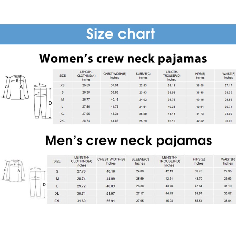Op de afbeelding: Maattabel voor dames- en herenpyjama's met ronde hals. De tabel toont de lengte, borstbreedte, mouwlengte, broeklengte, heup- en taillematen in inches voor verschillende maten, van XS tot 2XL.