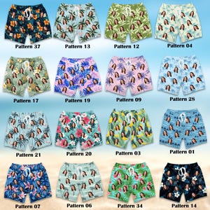 May include: A collection of sixteen pairs of swim shorts featuring various tropical, floral, and fruit patterns, each customised with a repeating face print and a white drawstring waistband, labelled from Pattern 01 to Pattern 37.