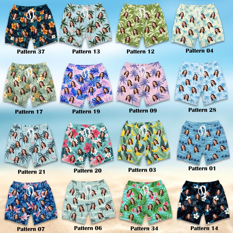 May include: A collection of sixteen pairs of swim shorts featuring various tropical, floral, and fruit patterns, each customised with a repeating face print and a white drawstring waistband, labelled from Pattern 01 to Pattern 37.