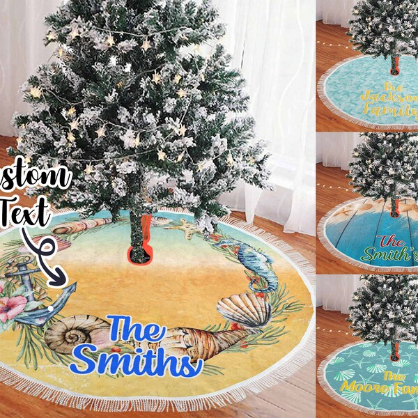 Personalized Beach Christmas Tree Skirt, Xmas Tree Foot Cover, Custom Holiday Christmas Tree Collar, Blue Seashell Starfish Tree Skirt