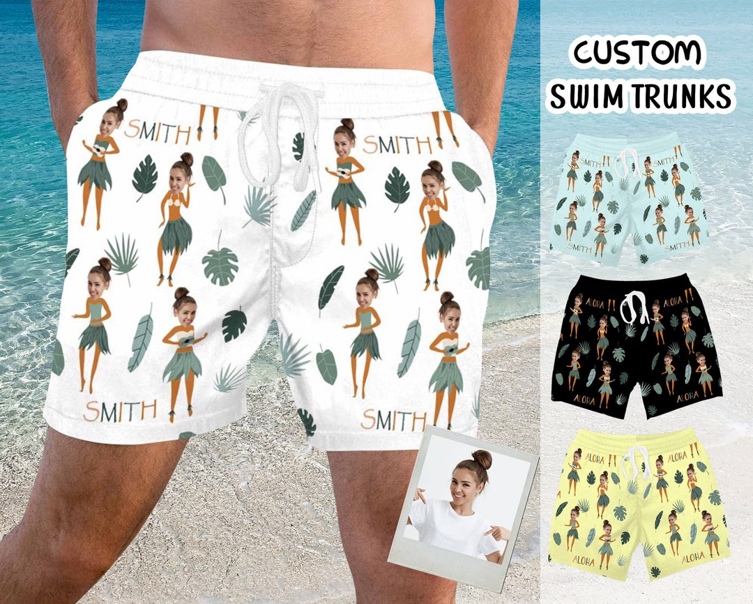 Funny Men Bathing Suit, Custom Swim Trunks, Hawaii Dance Trunk, Personalized Face Swimwear