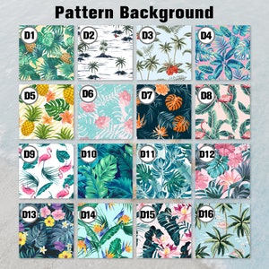 May include: A set of 16 digital seamless patterns featuring tropical leaves, flowers, pineapples, flamingos, and palm trees in various colors. The patterns are labeled D1 through D16.