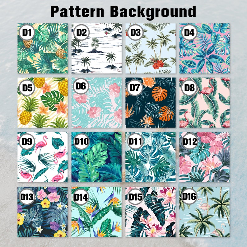 May include: A set of 16 digital seamless patterns featuring tropical leaves, flowers, pineapples, flamingos, and palm trees in various colors. The patterns are labeled D1 through D16.